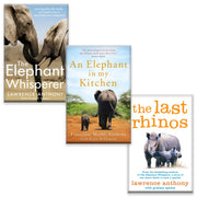 Set of three Lawrence Anthony books including The Elephant Whisperer, An Elephant in My Kitchen, and The Last Rhinos, displayed on a pan.