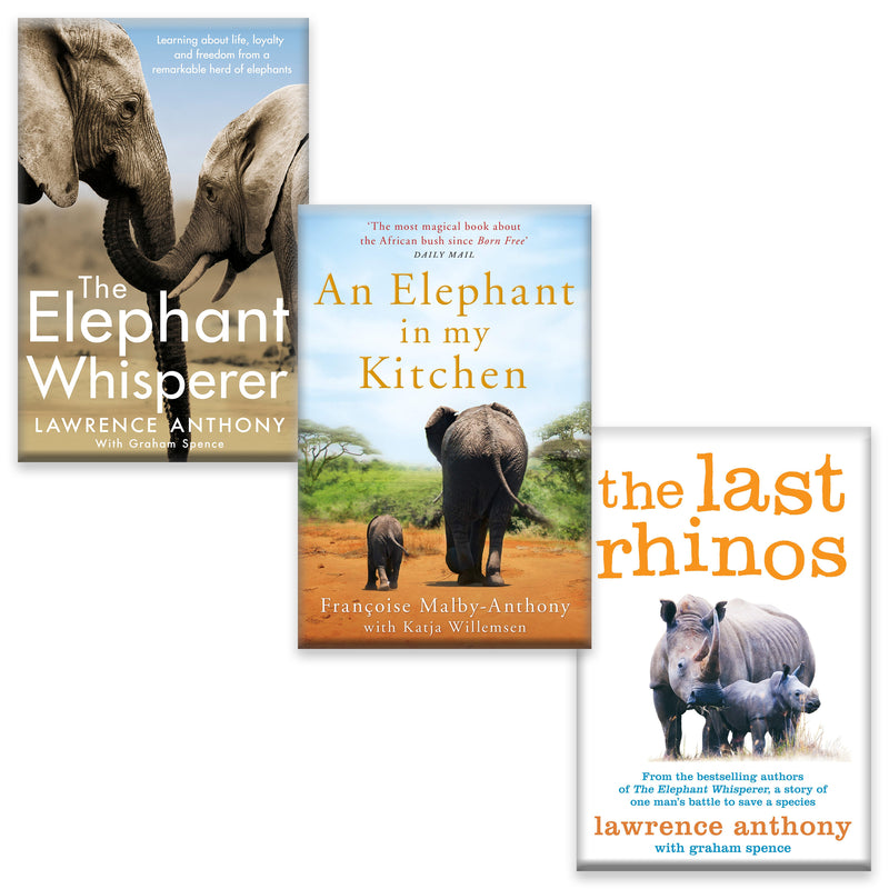 Set of three Lawrence Anthony books including The Elephant Whisperer, An Elephant in My Kitchen, and The Last Rhinos, displayed on a pan.