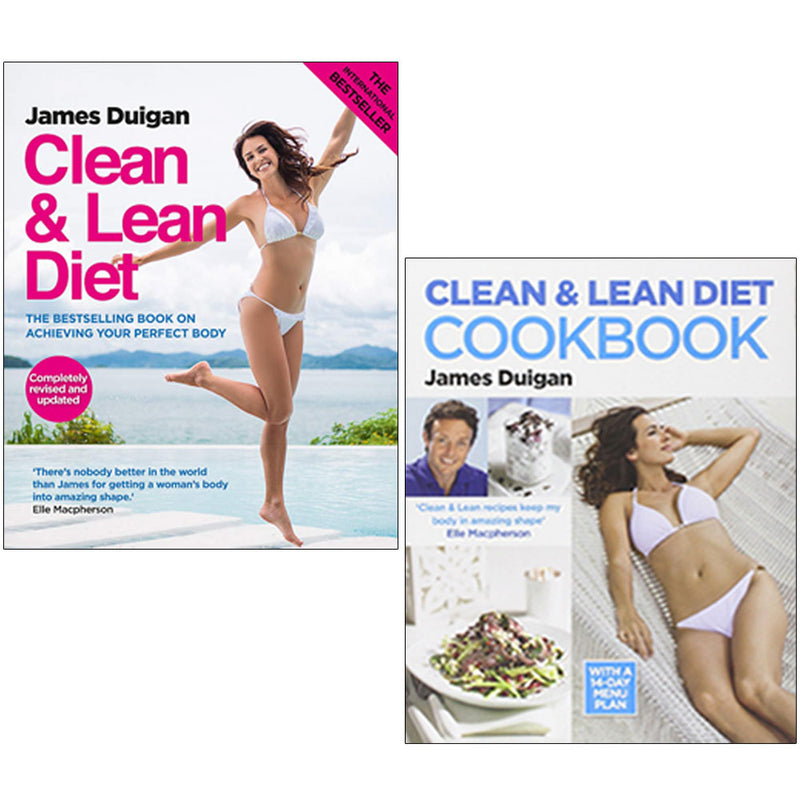 Two paperback books from the Clean & Lean Diet and Cookbook collection by James Duigan, featuring healthy eating tips.