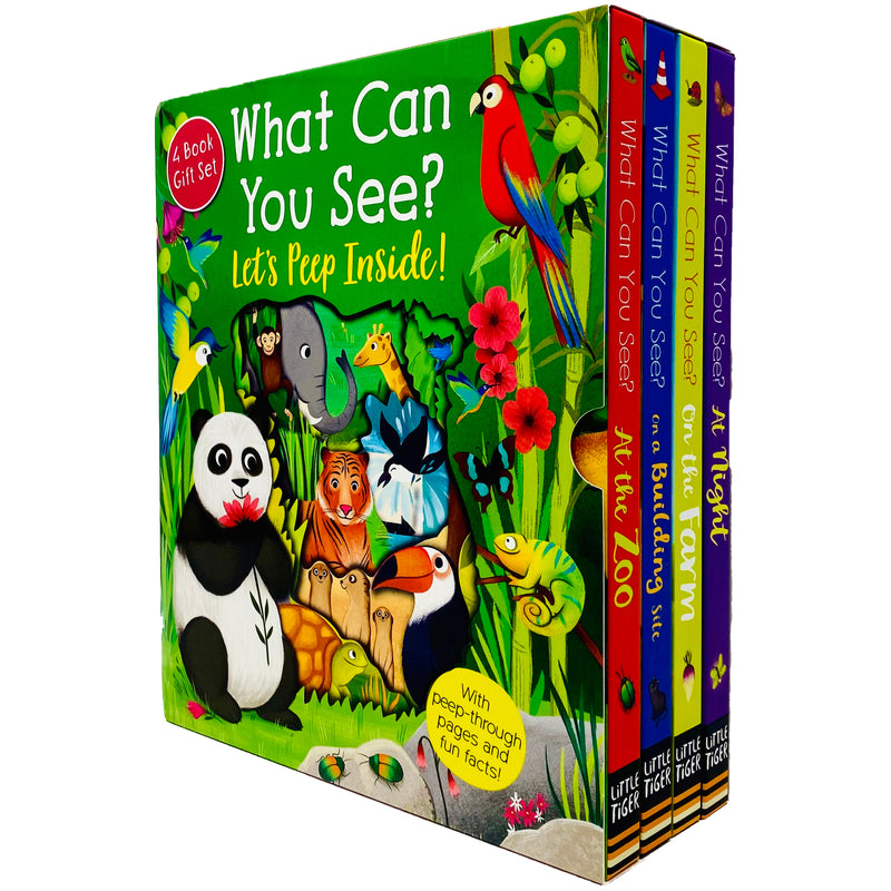 Little Tiger Peep Inside What Can You See? Series 4 books collection box set by Kate Ware, featuring zoo and night scene illustrations.