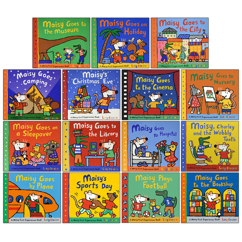Set of 15 Maisy Mouse first experience paperback books by Lucy Cousins, featuring colorful illustrations and child-friendly designs.