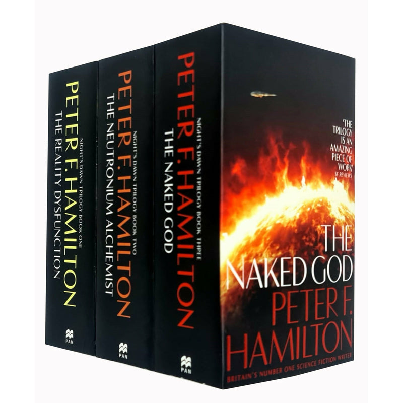 Three paperback books from Peter F. Hamilton's Night's Dawn Trilogy collection set, featuring sci-fi fiction covers.