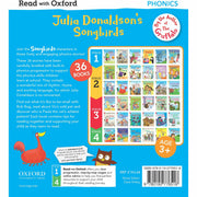 Set of 36 Julia Donaldson Songbirds books from Oxford Phonics Collection, Stage 1 to 4, featuring colorful covers and engaging illustrations.