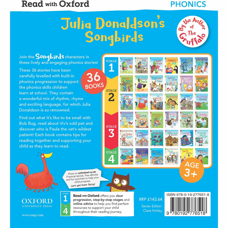 Set of 36 Julia Donaldson Songbirds books from Oxford Phonics Collection, Stage 1 to 4, featuring colorful covers and engaging illustrations.