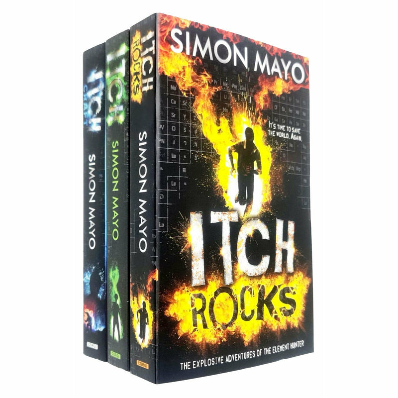 Three paperback books from the Itch collection by Simon Mayo, featuring colorful covers and engaging children's fiction.