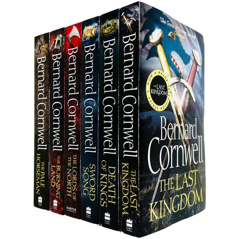 Six paperback books from Bernard Cornwell's Saxon Tales series, featuring historic fiction in a Harper Collins collection.