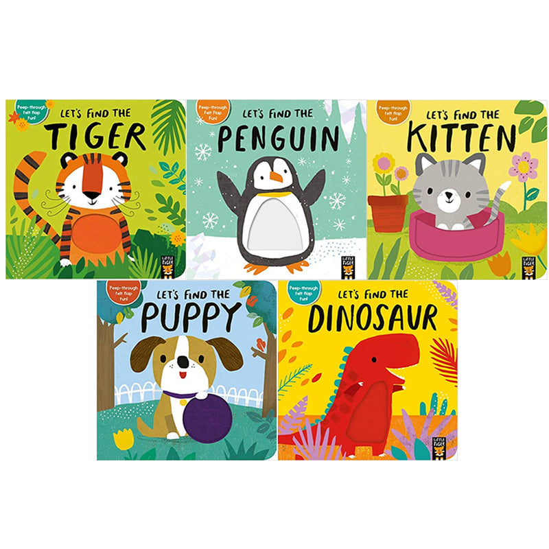 Little Tiger felt lift-the-flap book from Alex Willmore's Let's Find The Animals collection, featuring colorful animal illustrations.