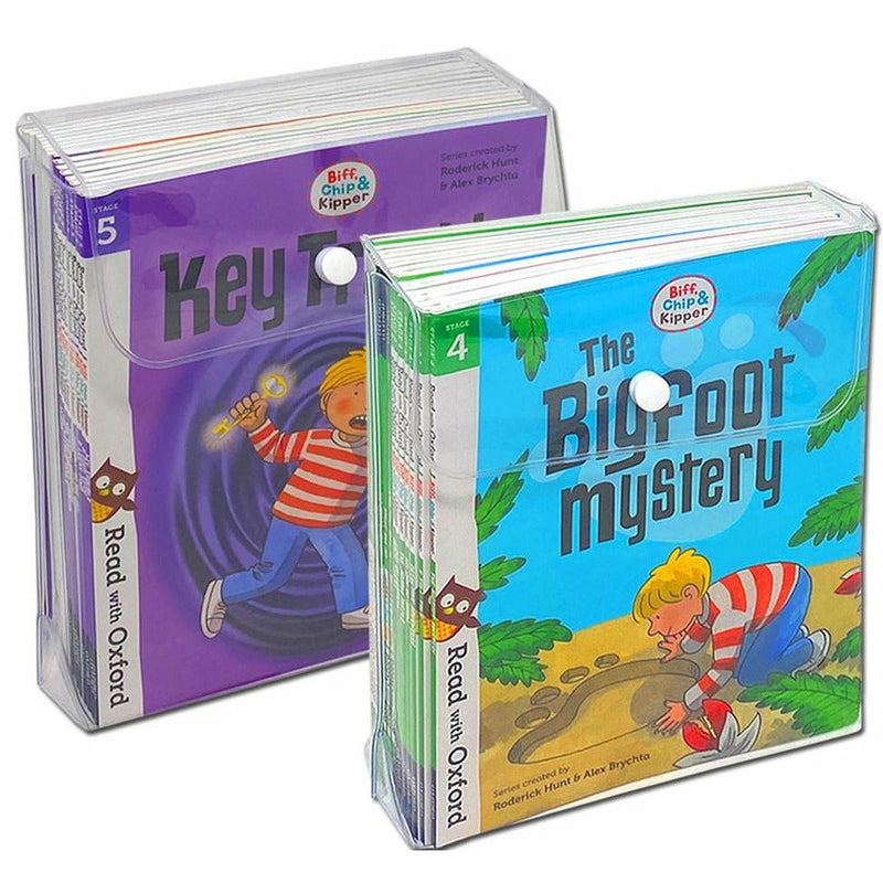 Set of Biff, Chip and Kipper Stage 4-5 phonics books from Oxford, featuring colorful covers and engaging illustrations for early readers.