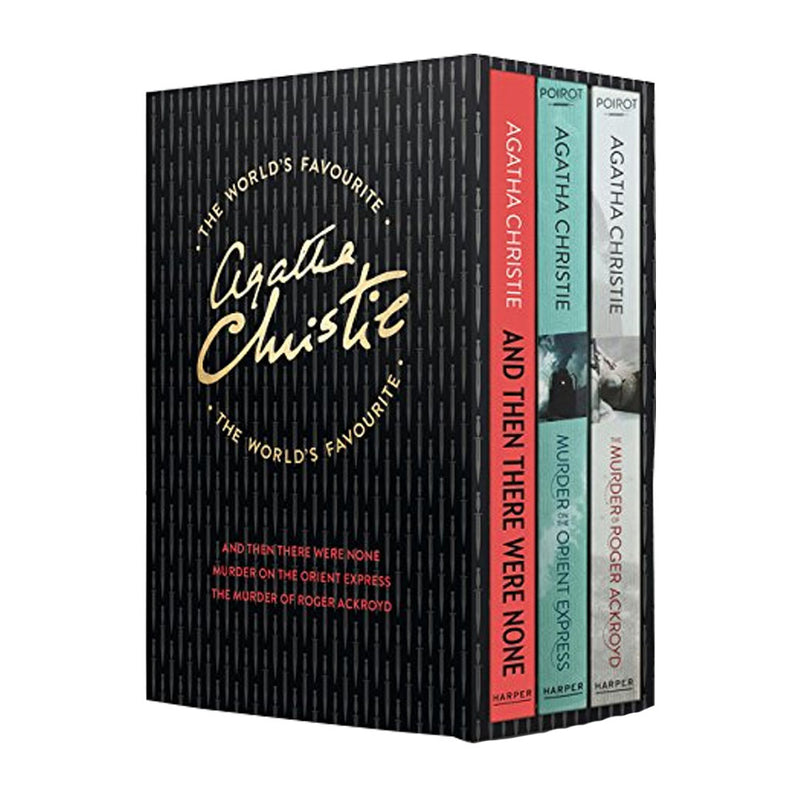 Three paperback Agatha Christie books in the Worlds Favourite collection box set, featuring classic mystery fiction by Harper Collins.