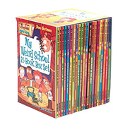 Collection of 21 My Weird School paperback books by Dan Gutman for ages 7-9, featuring colorful covers and engaging illustrations.