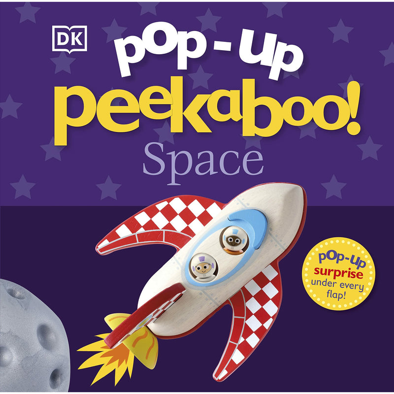 Set of four DK Pop-Up Peekaboo! books featuring space, baby dinosaur, and bedtime themes with colorful, interactive pages.