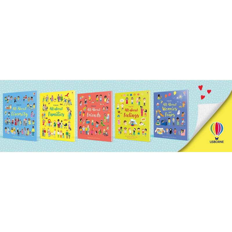 Set of five Usborne All About Feelings books for friends and families by Felicity Brooks, featuring colorful cover illustrations.