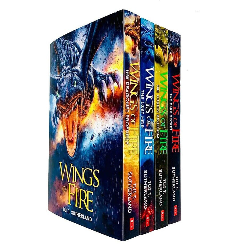 Set of Wings of Fire series books 1-4 by Tui T Sutherland, Scholastic collection with colorful book covers featuring dragon illustrations.