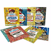 Set of eight Where's Wally? paperback books by Martin Handford, featuring colorful illustrations and search-and-find scenes.