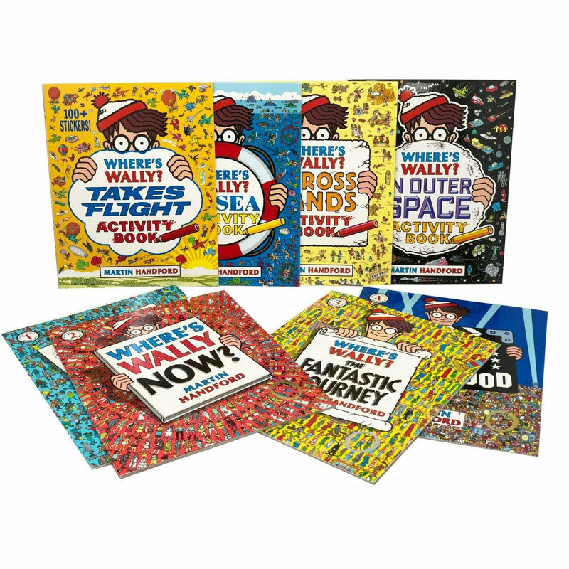 Set of eight Where's Wally? paperback books by Martin Handford, featuring colorful illustrations and search-and-find scenes.