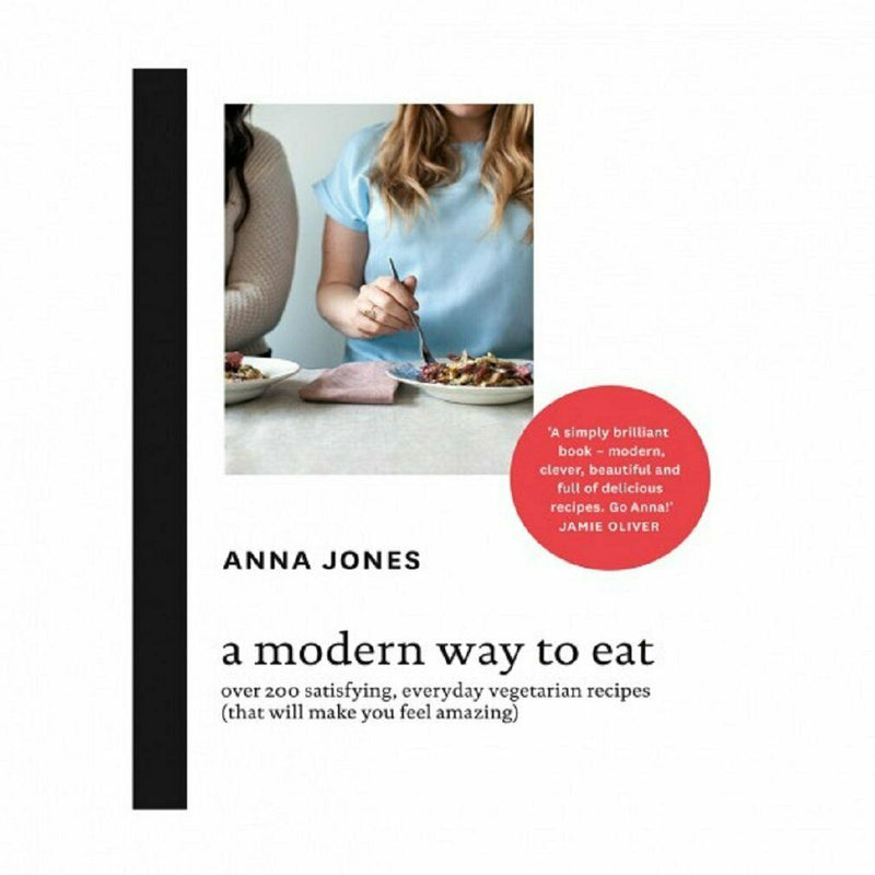 Vegetarian recipe book titled "A Modern Way to Eat" by Anna Jones, featuring colorful dishes and healthy ingredients on the cover.