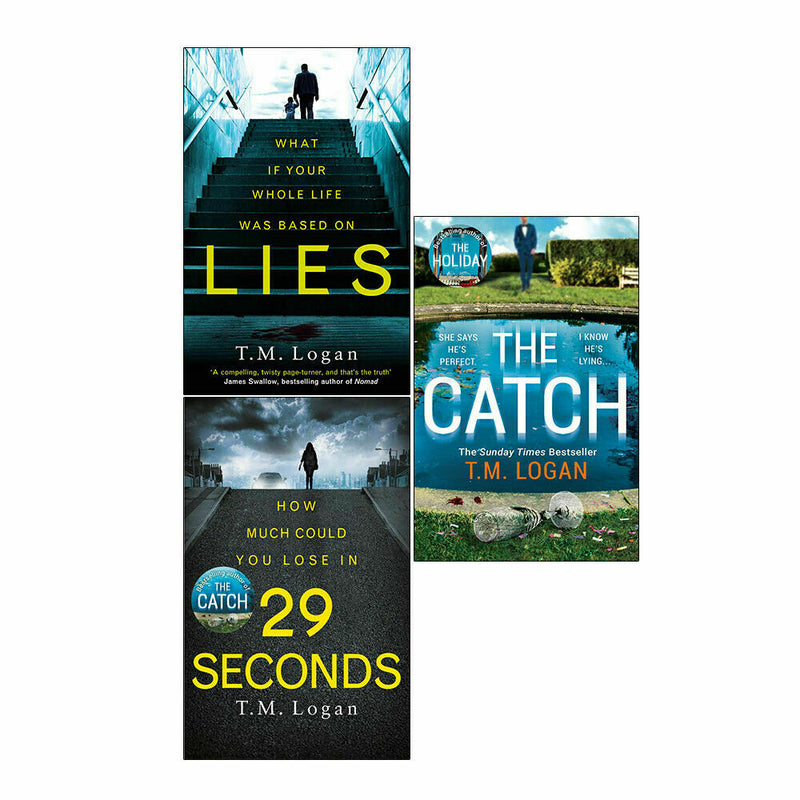 Three paperback books from the T.M. Logan The Holiday, Lies, 29 Seconds collection by Zaffre, featuring fiction titles by T.M. Logan.