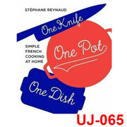 Hardcover copy of "One Knife, One Pot, One Dish" by Stéphane Reynaud, featuring a simple French cooking book with a rustic cover.