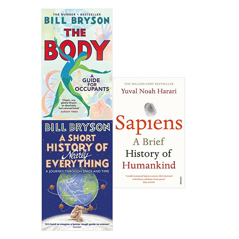 Three paperback nonfiction books by Bill Bryson including "The Body," "A Short History of Nearly Everything," and "Sapiens" in Doubleday set