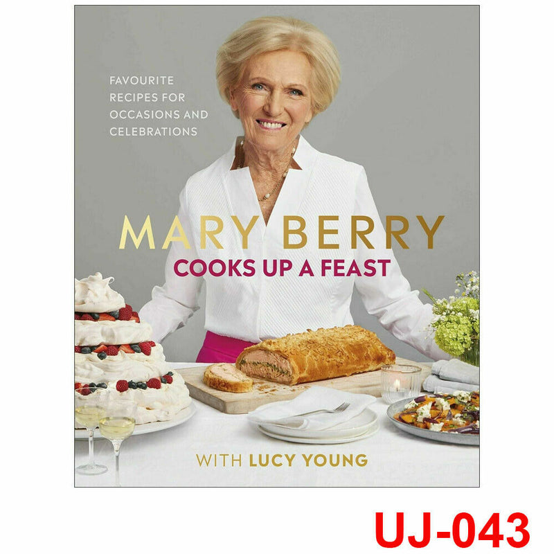 Hardcover book titled "Mary Berry Cooks Up A Feast" showing the cover with images of deliciously prepared dishes and celebration scenes.