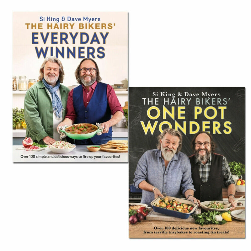 Hairy Bikers' 2-book collection featuring "Everyday Winners" and "One Pot Wonders" with colorful cookbook covers on a table.