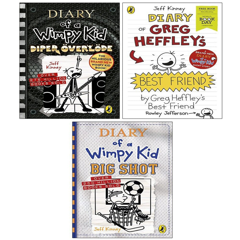Set of three Diary of a Wimpy Kid books by Jeff Kinney, including Big Shot and Best Friend, with colorful Puffin covers.