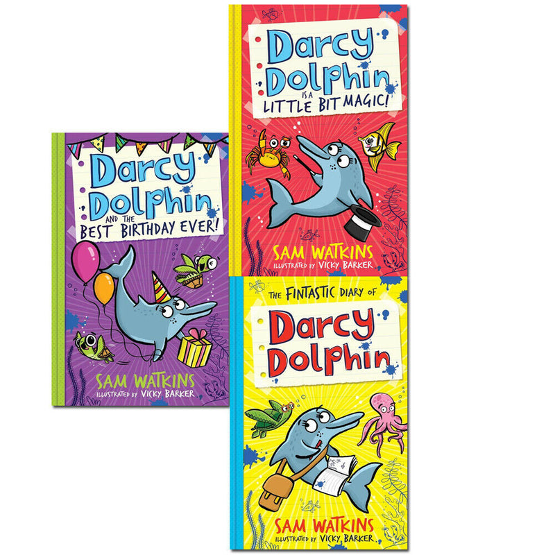 Sam Watkins Darcy Dolphin 3-book set from Egmont, including Best Birthday Ever, Fintastic Diary, and Little Bit Magic, with colorful covers