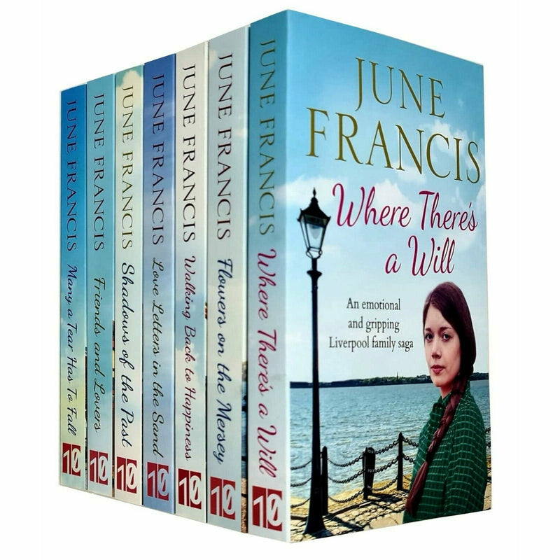 June Francis Shadows of Mersey, Happiness, Sand, Past, Lovers 7-book set from Canelo Saga Ltd collection, featuring book covers.