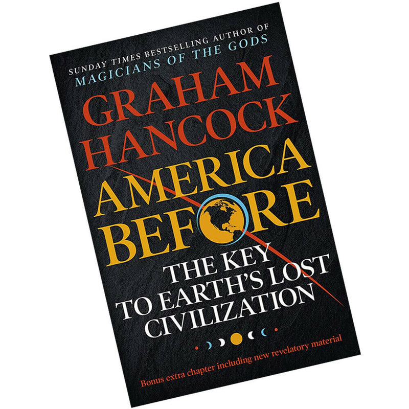 Paperback book titled "America Before" by Graham Hancock, showing the cover with images of ancient civilizations and the title.