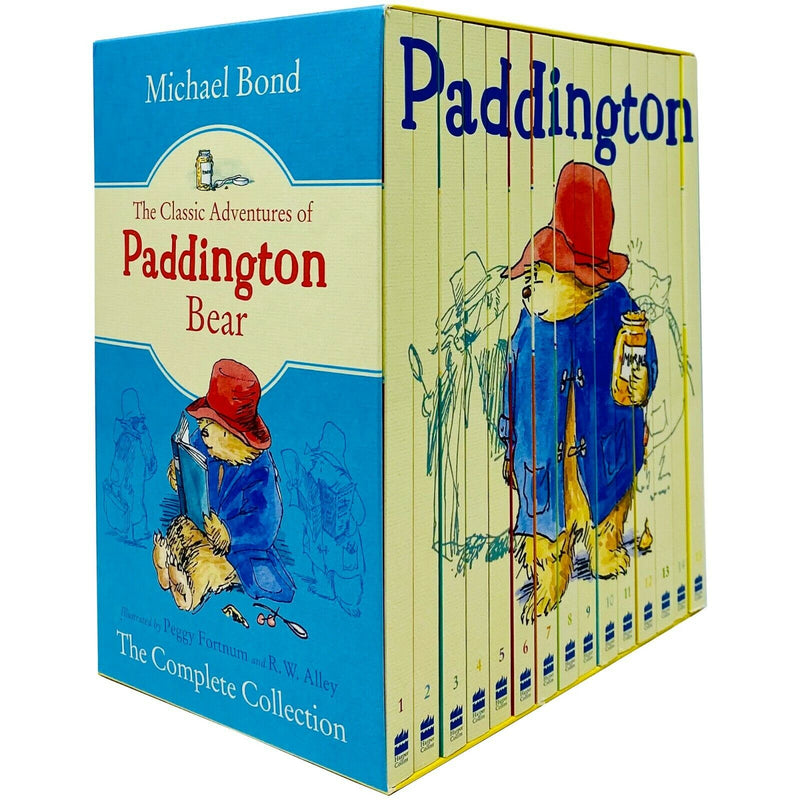 Complete collection of 15 Paddington Bear books by Michael Bond, featuring colorful covers from Harper Collins in a box set.