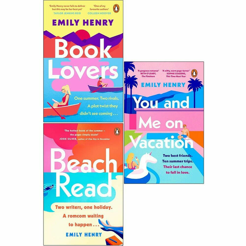 Emily Henry 3-book collection set including Book Lovers, Beach Read, and You & Me on Vacation by Penguin, featuring colorful covers.