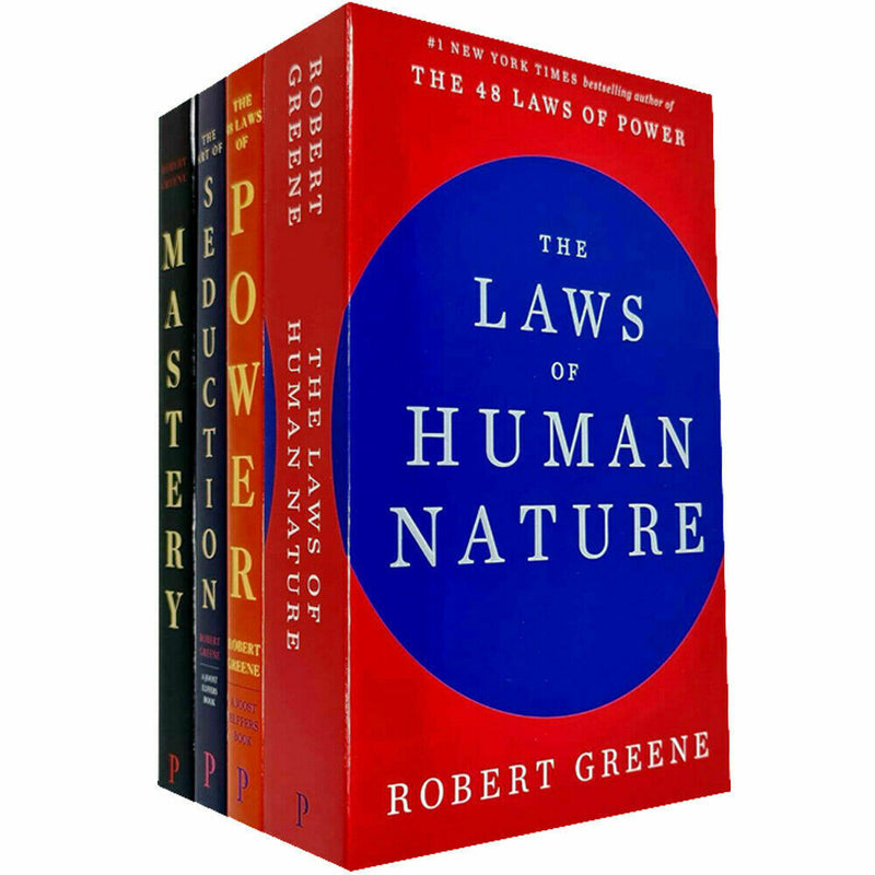 Set of four paperback books by Robert Greene on seduction, mastery, and human nature, featuring classic covers and spine details.