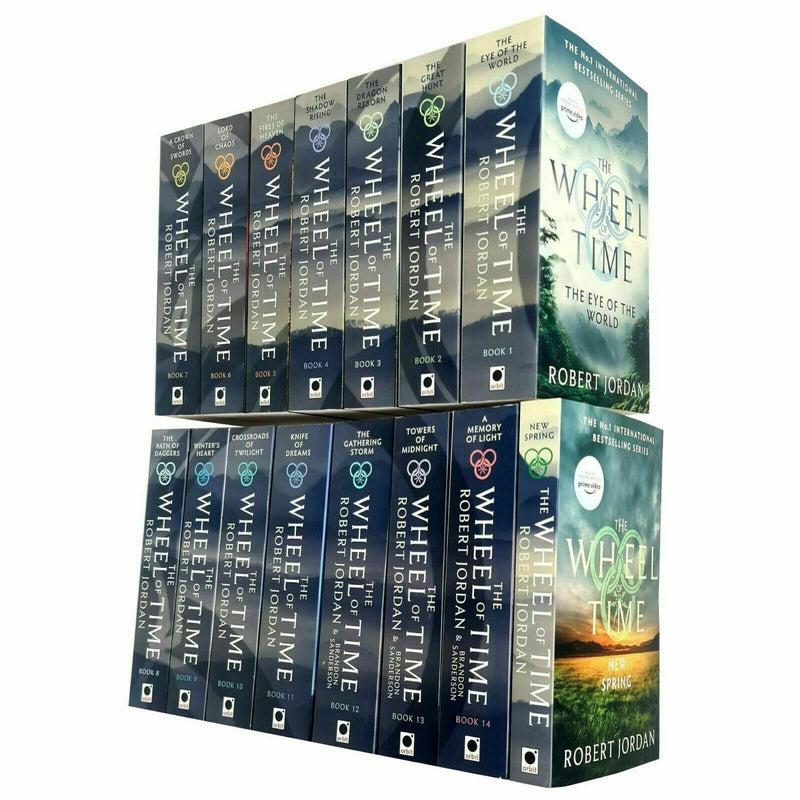 Set of 15 paperback The Wheel of Time books by Robert Jordan, fiction collection with Orbit branding, stacked neatly.