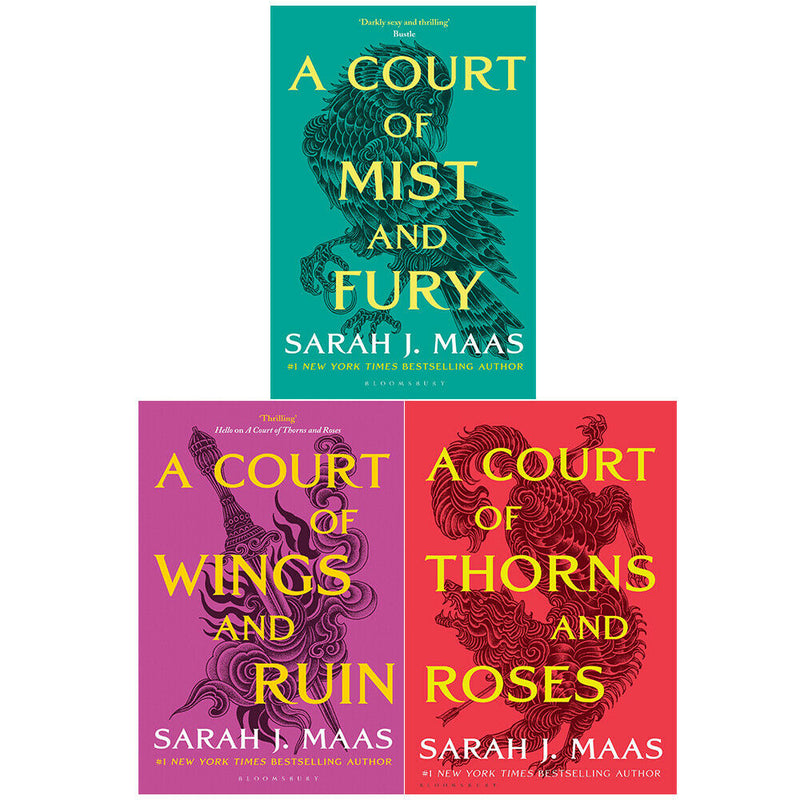 A set of three paperback fantasy books from Sarah J. Maas' A Court of Thorns and Roses collection, featuring colorful cover art.
