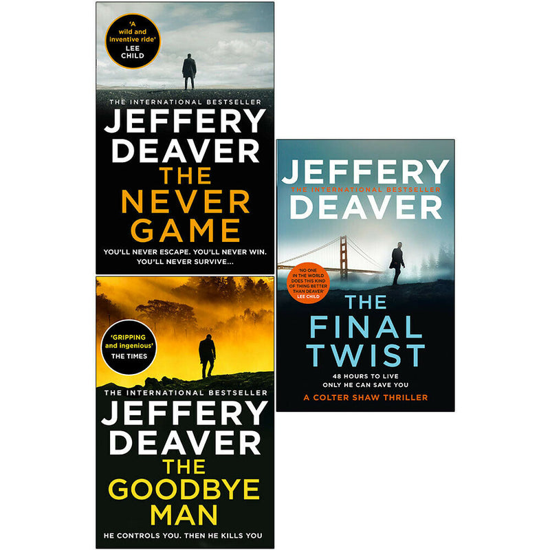 Set of three Jeffery Deaver Colter Shaw thriller books in the HarperCollins collection, featuring covers of The Never Game and The Goodbye Man.