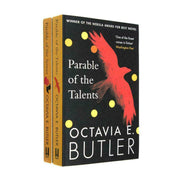 Two paperback books from the Parable Series by Octavia E. Butler, featuring book covers with fictional artwork and titles.