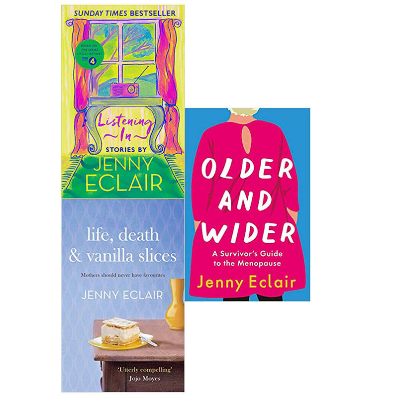 Older and Wider & Listening In book collection set by Jenny Eclair, featuring three paperback nonfiction books in a Sphere edition.