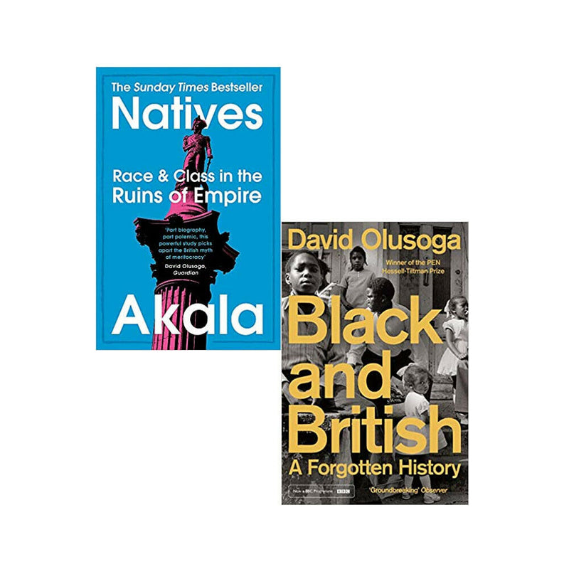 Two Roads & Pan paperback book set by David Olusoga and Akala, featuring covers of "Natives" and "Black and British" non-fiction.