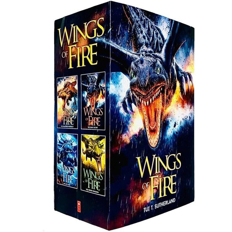 Collection of Wings of Fire Series Books 1-4 by Tui T Sutherland, Scholastic, featuring colorful dragon book covers.