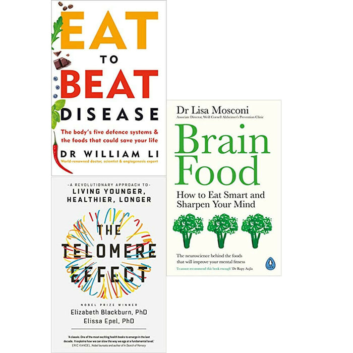 Eat to Beat Disease,Telomere Effect,Brain Food 3 Books COllection Set NEW - The Book Bundle