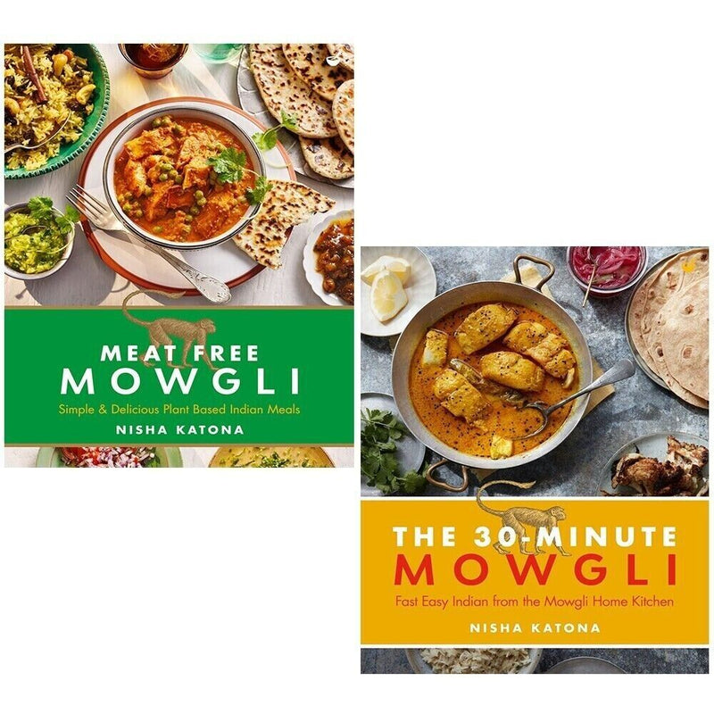 Nisha Katona Nourish Books set featuring Meat Free Mowgli and 30-Minute Mowgli cookbooks with colorful covers and recipe pages.