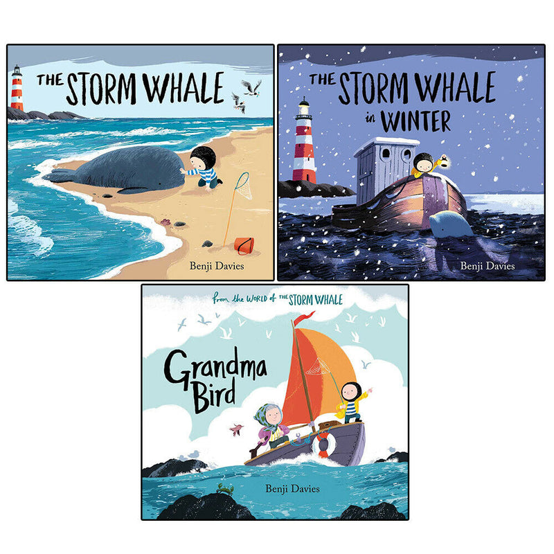 Set of three children's books by Simon & Schuster UK featuring The Storm Whale, Winter, and Grandma Bird by Benji Davies, colorful cover images.
