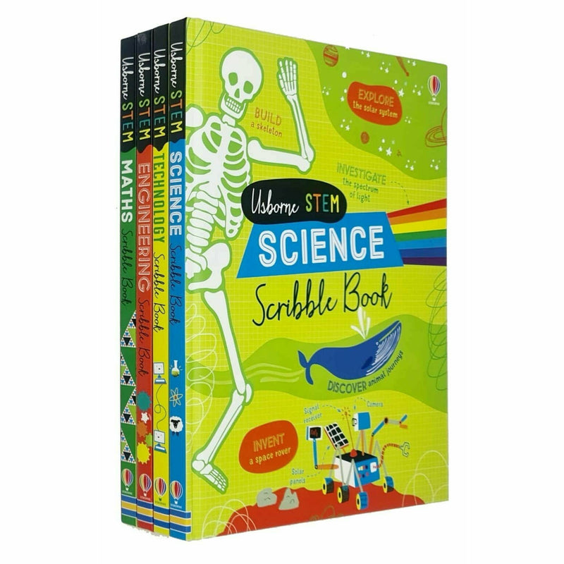 Usborne Stem Series 4 Books Collection Set - Science Scribble Book, Technology Scribble Book, Engineering Scribble Book, Maths Scribble Book - The Book Bundle