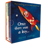 Hardcover boxed set of "Once There Was a Boy" by Oliver Jeffers, featuring colorful illustrations and multiple storybooks.