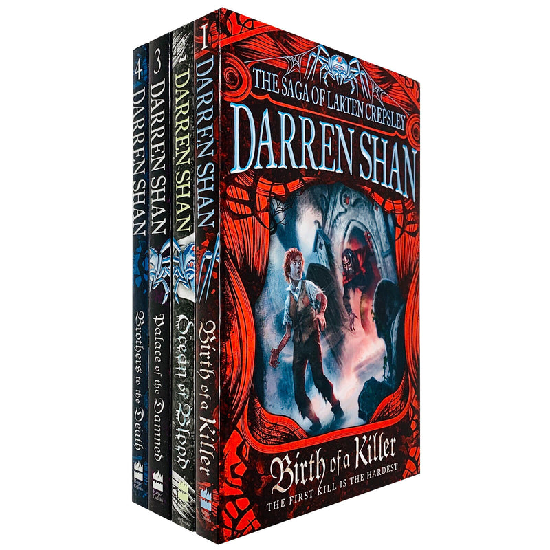 Four paperback books from Darren Shan's Saga of Larten Crepsley collection, featuring dark fantasy cover art by HarperCollins Children's Books.