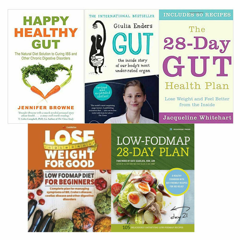 Set of three paperback books on gut health, including "Happy Healthy Gut" and related titles, with colorful covers and text.