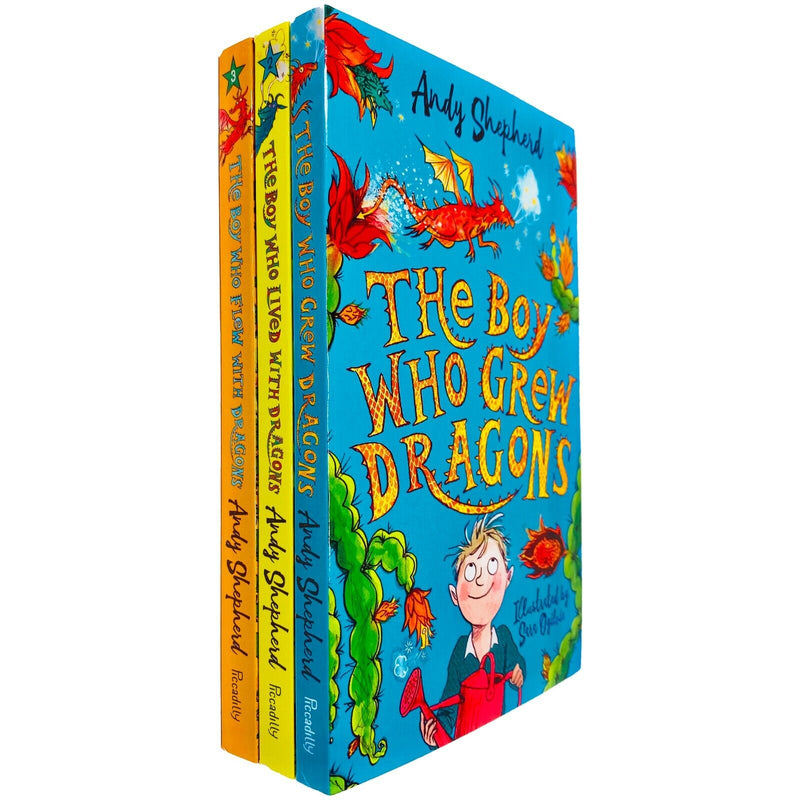 Set of three paperback "The Boy Who Grew Dragons" books by Andy Shepherd, illustrated covers featuring colorful dragon-themed artwork.