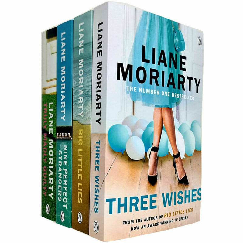 Liane Moriarty 4-book collection set including Truly Madly Guilty and Three Wishes by Penguin, featuring colorful book covers.