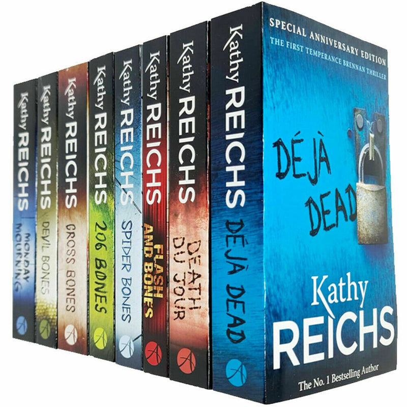 Set of eight Kathy Reichs Temperance Brennan series books, Arrow edition, featuring colorful covers and spine titles.