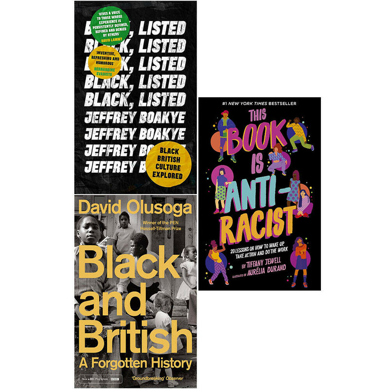 This image shows the three-book collection set "This Book Is Anti-Racist" by Tiffany Jewell, Jeffrey Boakye, and David Olusoga in paperback.